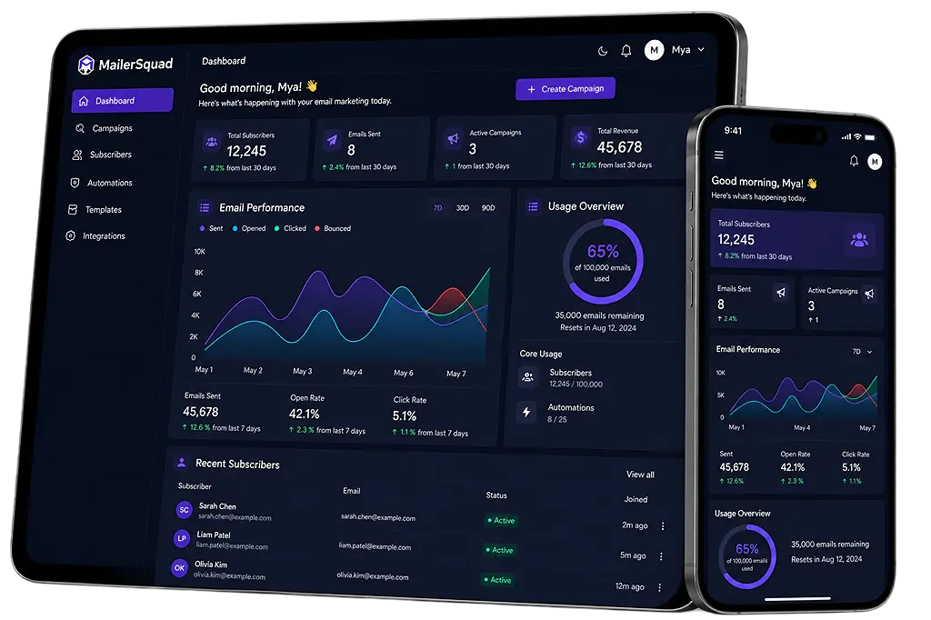Mailer Squad dashboard showing email performance, subscriber growth, and campaign usage overview